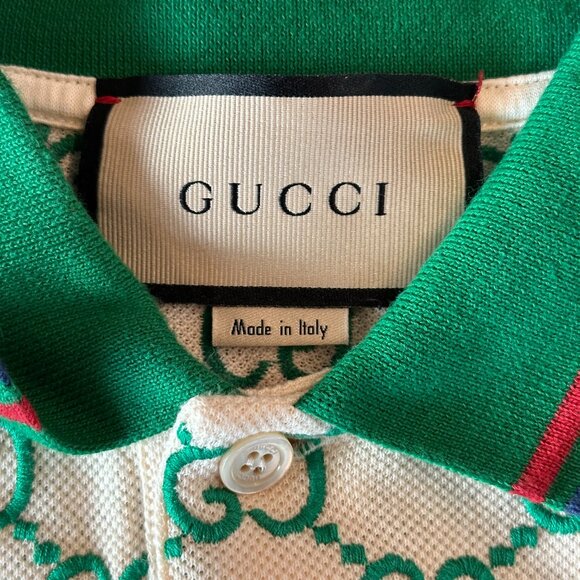 Gucci White & Green GG Monogram Polo T-Shirt - Picture 3 of 3